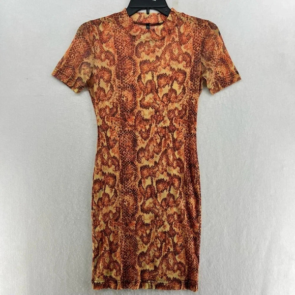 Urban Outfitters Dress Women's Sz Small Orange Mesh Snakeskin Mock Neck Bodycon - Picture 2 of 13